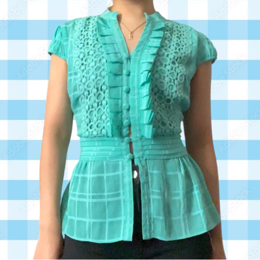 Turquoise Lace Ruffle Blouse